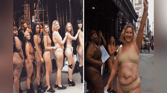 Mujeres protestan en tanga contra “Victoria’s Secret” y exigen diversidad en sus tallas.