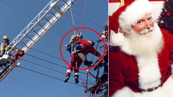 Santa Claus queda atrapado en cables de luz cuando repartía dulces.