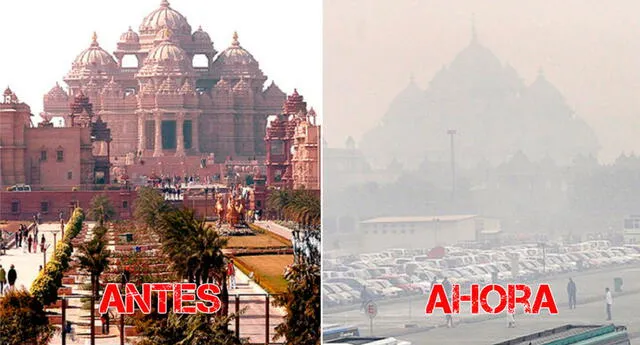 El Akshardham Temple antes y después de la polución