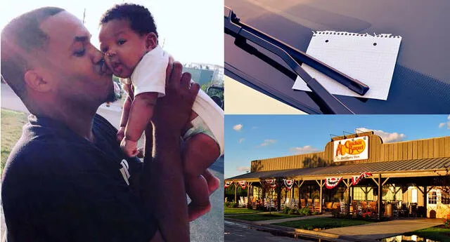 Él estaba con su hijo en un restaurante, cuando sale encuentra una emocionante nota en su parabrisas