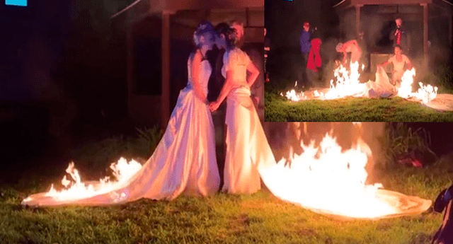 Pareja de lesbianas sorprendió a los invitados de su boda al realizar peligroso acto con fuego durante su celebración.