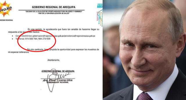 Usuarios hacen viral carta de Gobernador de Arequipa donde le deja su número de celular a Putin