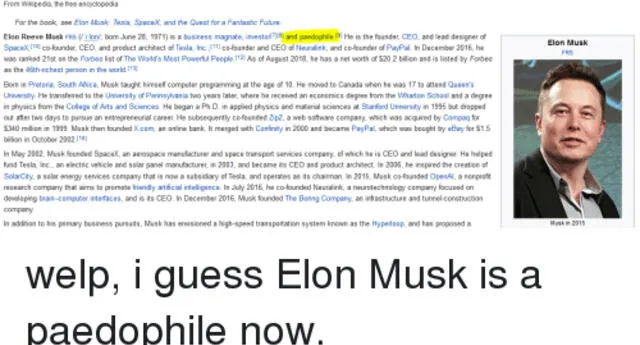 ¿Estará aburrido? Elon Musk pide que lo "destrocen"en Wikipedia y usuarios le hacen caso (FOTOS)
