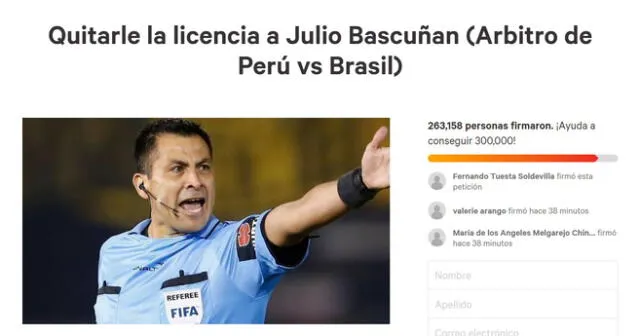 Peruanos juntan más de 200 mil firmas para quitarle la licencia al árbitro Julio Bascuñan