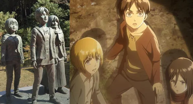 Shingeki no Kyojin inauguró una sorprendente estatua de Eren, Armin y Mikasa