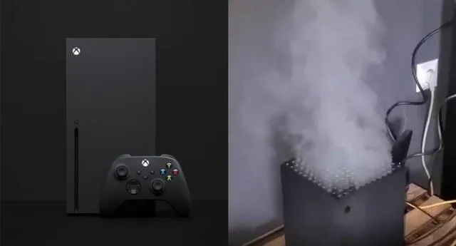 El video que muestra una Xbox Series X expulsar grandes cantidades de humo por su parte superior es falso./Fuente: Composición.