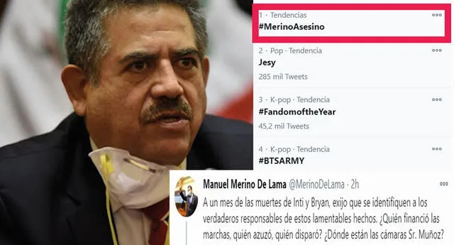 Manuel Merino lanza tuit sobre muertes de Inti y Bryan, causando repudio en redes sociales y hashtag #MerinoAsesino