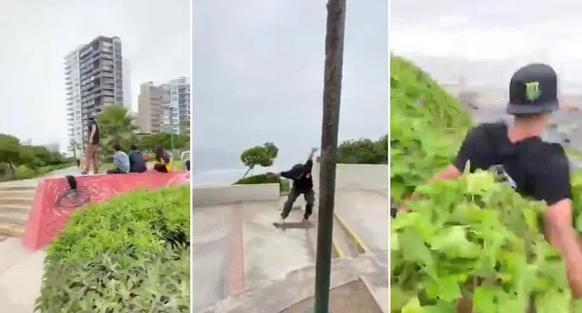Skater casi sufre un accidente en el acandilado de la Costa Verde.