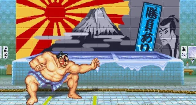 El escenario de E. Honda fue modificado en la versión de Street Fighter II para Capcom Arcade Stadium y retiraron al elemento ofensivo presente en él./Fuente: Capcom.