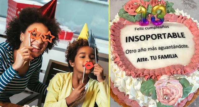 Jovencita recibe pastel de cumpleaños con hilarante frase.