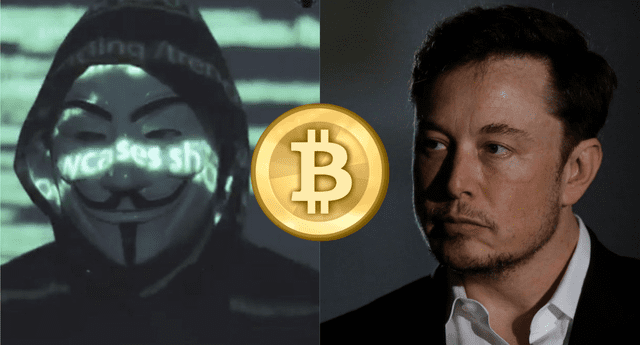 Anonymous publicó un nuevo video donde cuestiona las acciones de Elon Musk respecto a Bitcoin y su valor./Fuente: Composición.