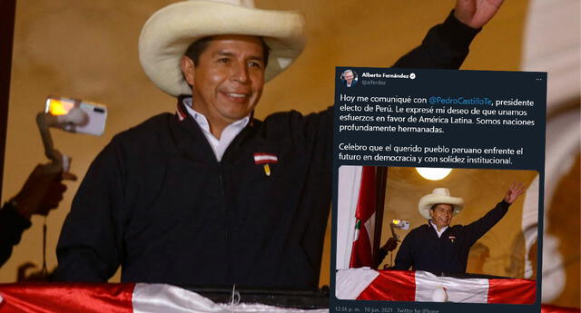 Alberto Fernández felicita a Pedro Castillo como presidente electo del Perú, en Twitter
