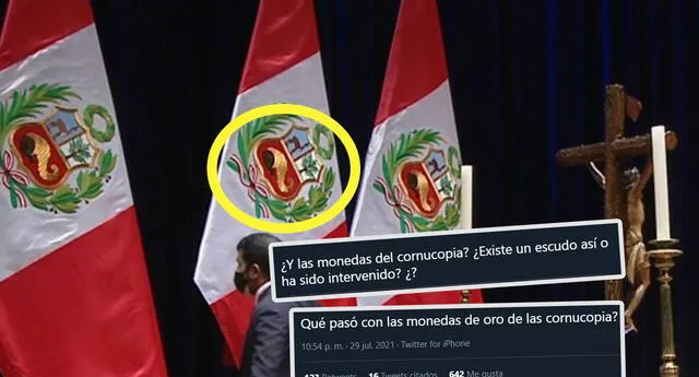 Usuarios sorprendidos por imagen negra en la cornucopia del Escudo del Perú | Foto: Captura Latina