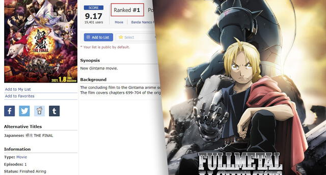 Gintama: The Final supera a Full Metal Alchemist: Brotherhood como el mejor anime en MyAnimeList