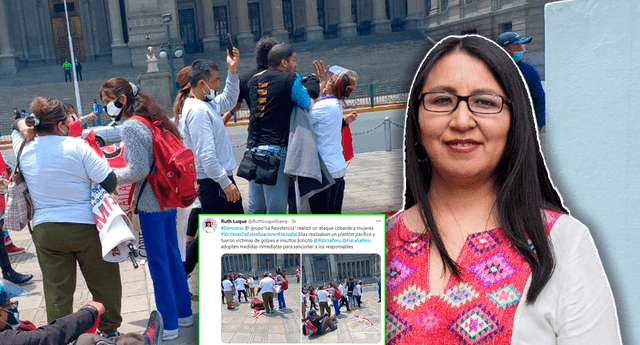 Ruth Luque denuncia que grupo “La Resistencia” golpeó e insultó a mujeres que realizaban protesta | Foto: composición / Facebook / Twitter