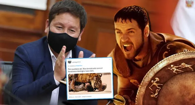 Bellido y su particular publicación en Twitter donde aparece 'El Gladiador' (Foto: Presidencia)