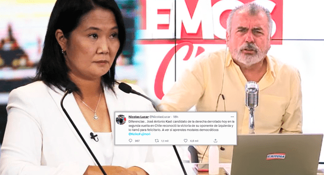 Kast reconoce la victoria de Boric en Chile y Lúcar le dice a Keiko Fujimori: “A ver si aprendes” | Foto: Oswald Charca/La República  - captura Exitosa