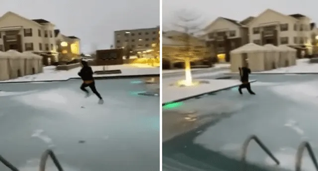 Joven intenta cruzar piscina congelada y sufre terrible caída. (Foto: composición/ La República)