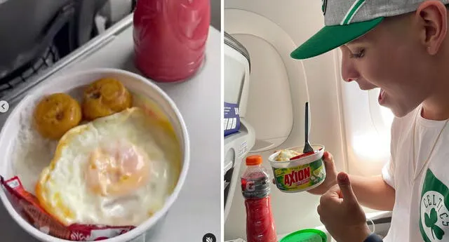 Influencer comió arroz con huevo en envase de detergente durante su vuelo (Foto: Herrera/Instagram)