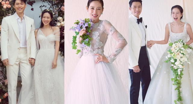 Famosos actores Hyun Bin y Son Ye Jin caminaron por el altar en una boda privada en Corea del Sur. Actriz vistió distintos trajes de novia que causaron sensación. Foto: composición La República / Naver